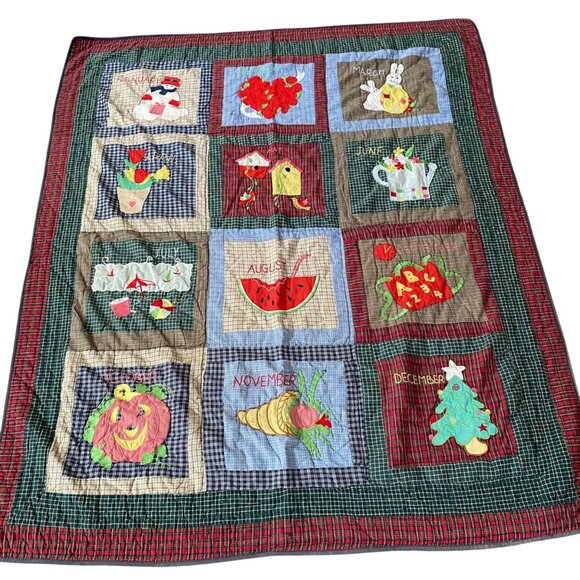 Vintage Patchwork Month of the Year Quilt Blanket Seasonal Applique Plaid 46x59 - Picture 1 of 10